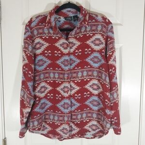 Sonoma Red and White Geometric Button Up Shirt Size M